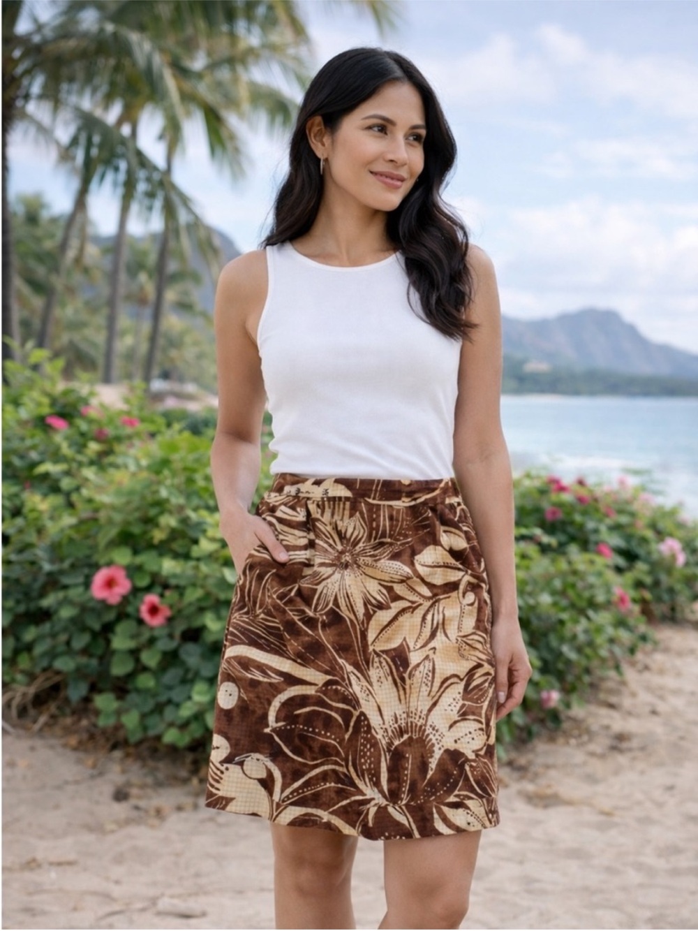 Sam Edelman Tropical Floral A-Line Skirt Medium Brown Beige Resort Vacation